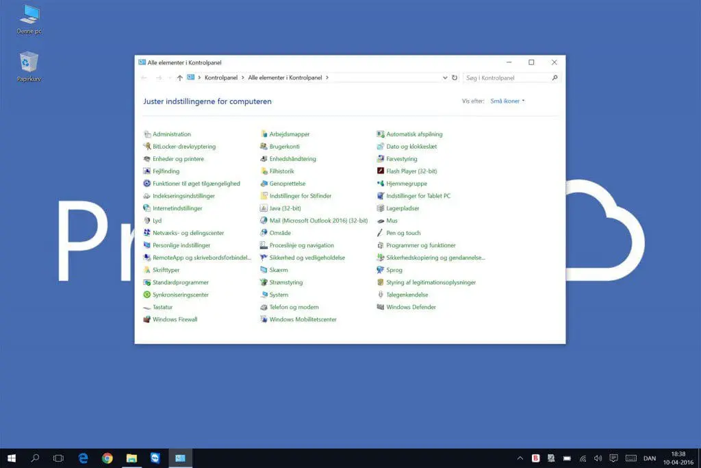 Det velkendte kontrolpanel i Windows 10