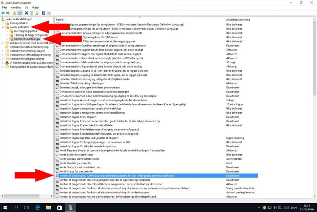 Find den rette sikkerhedspolitik for at ændre om en app kan åbnes med den indbyggede administratorkonto.